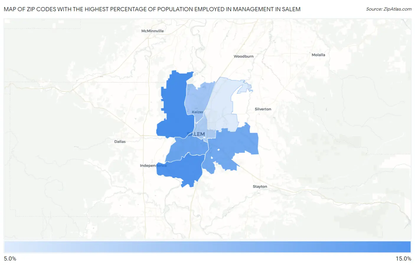 Zip Codes with the Highest Percentage of Population Employed in Management in Salem Map