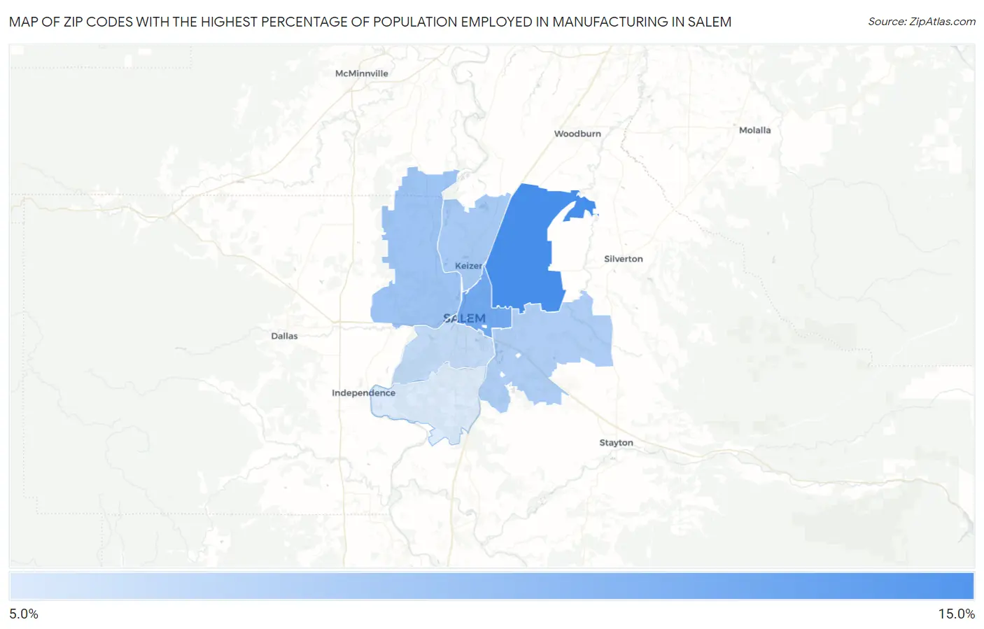 Zip Codes with the Highest Percentage of Population Employed in Manufacturing in Salem Map