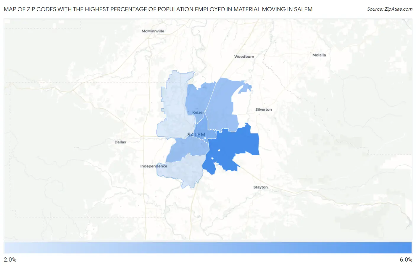Zip Codes with the Highest Percentage of Population Employed in Material Moving in Salem Map