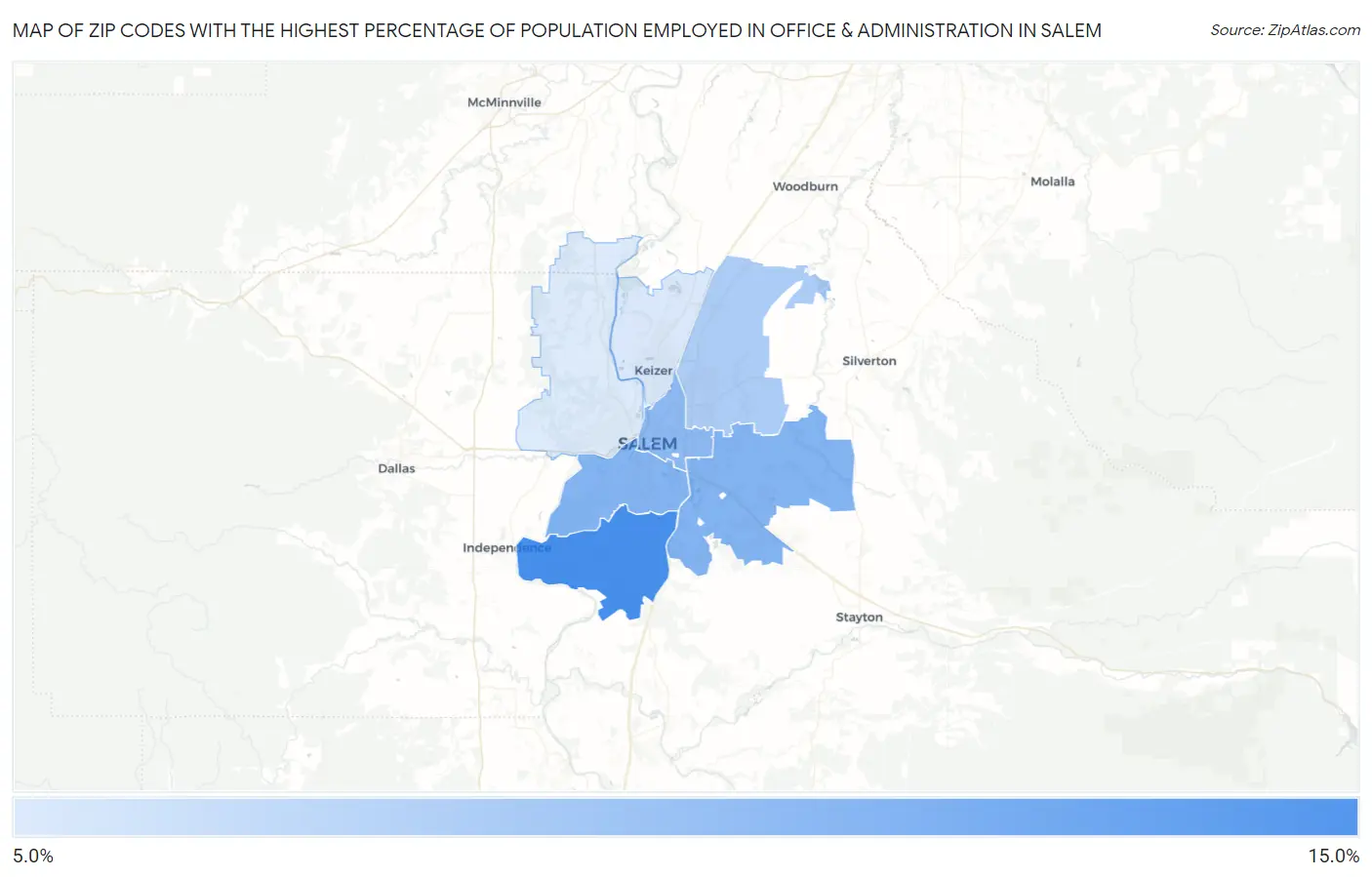 Zip Codes with the Highest Percentage of Population Employed in Office & Administration in Salem Map