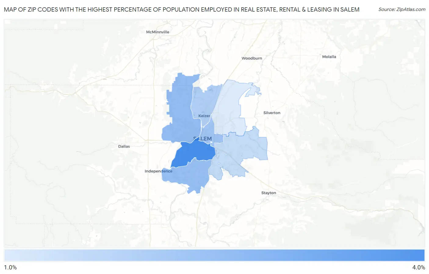 Zip Codes with the Highest Percentage of Population Employed in Real Estate, Rental & Leasing in Salem Map