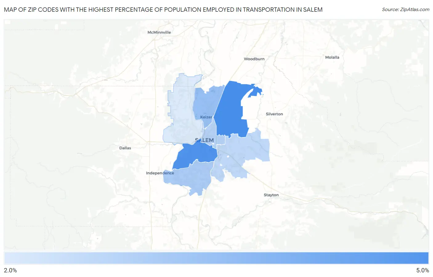 Zip Codes with the Highest Percentage of Population Employed in Transportation in Salem Map