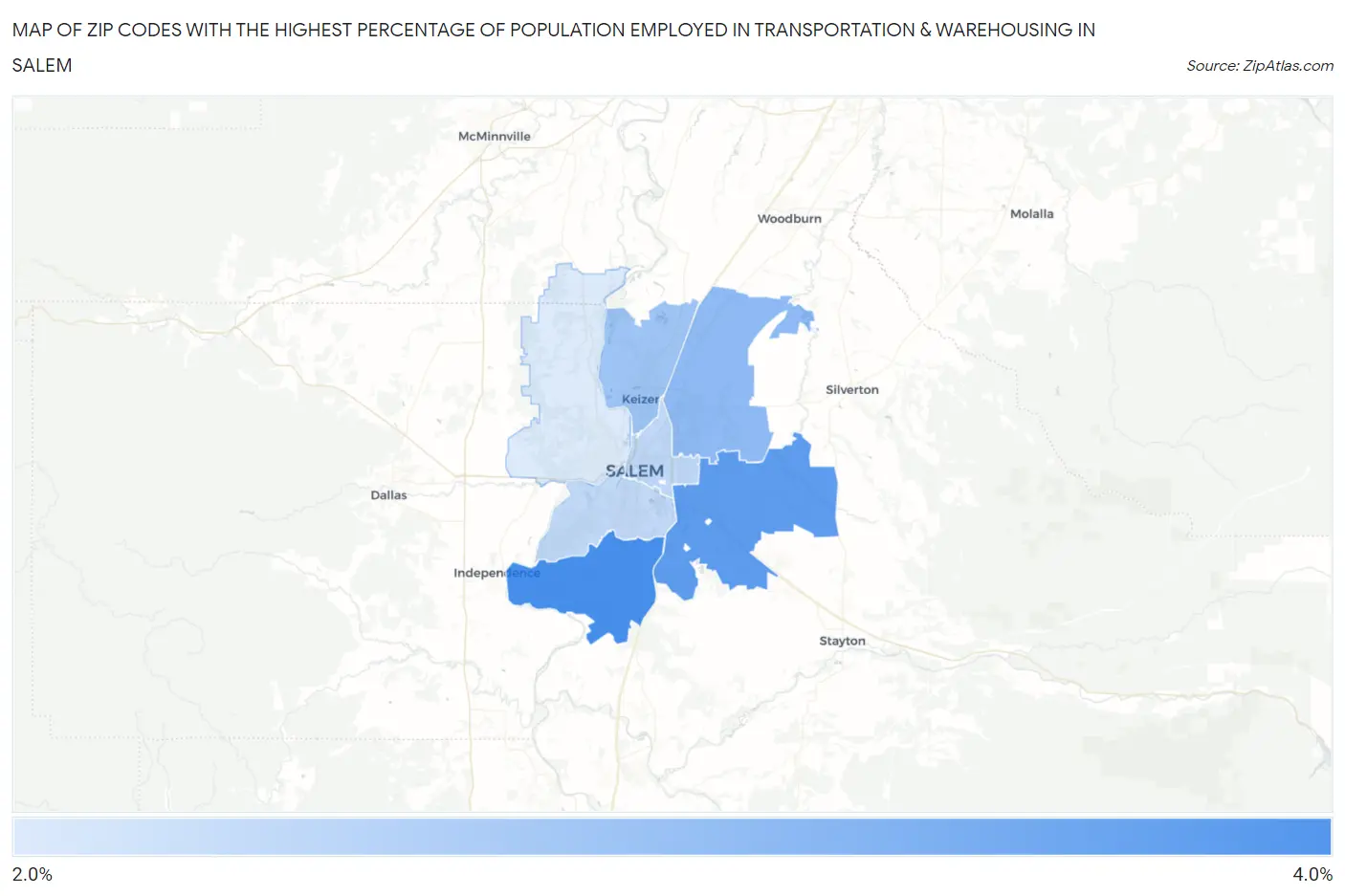 Zip Codes with the Highest Percentage of Population Employed in Transportation & Warehousing in Salem Map