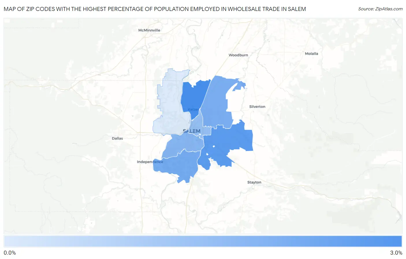 Zip Codes with the Highest Percentage of Population Employed in Wholesale Trade in Salem Map