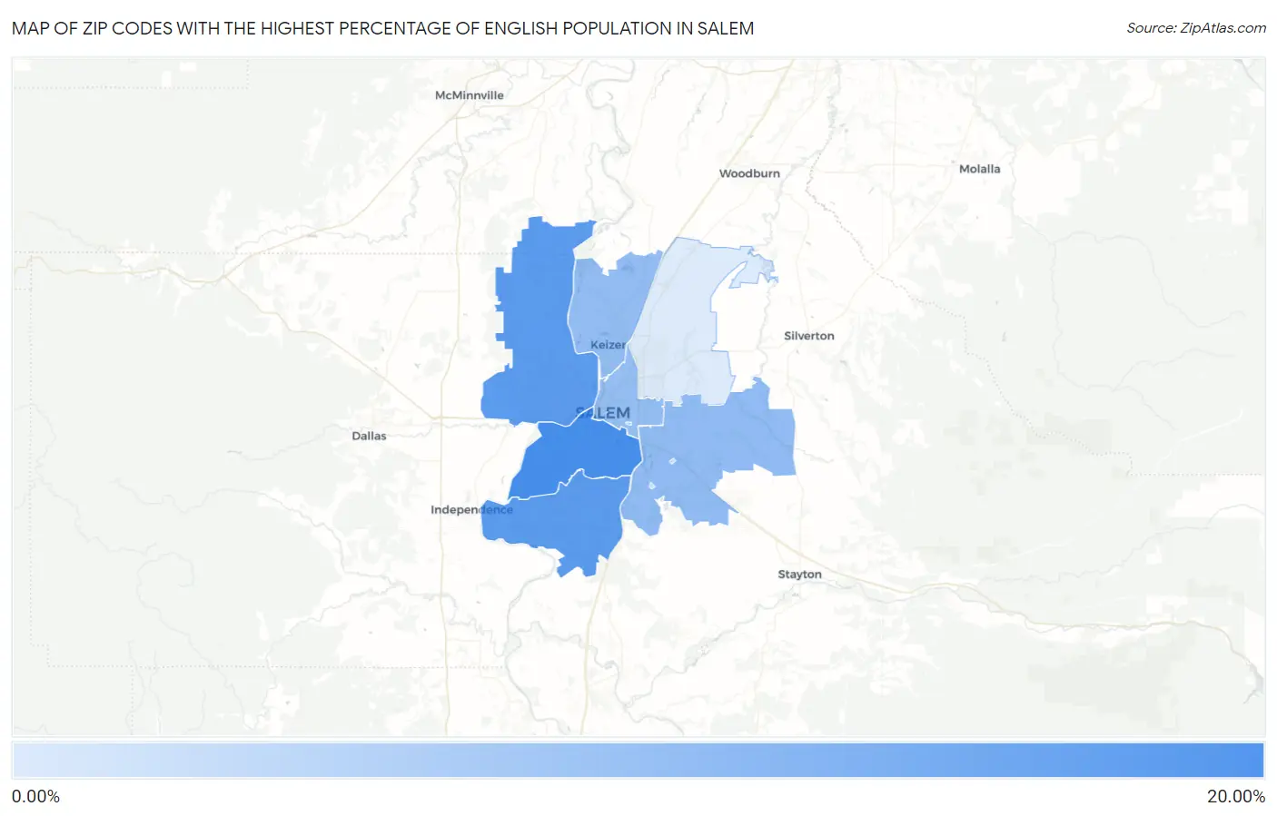 Zip Codes with the Highest Percentage of English Population in Salem Map