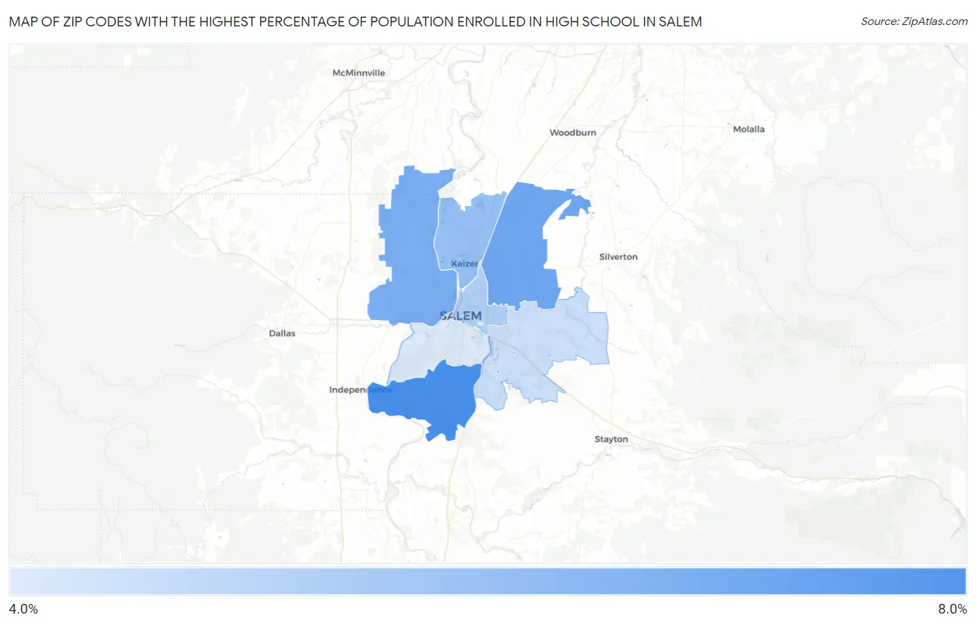 Zip Codes with the Highest Percentage of Population Enrolled in High School in Salem Map