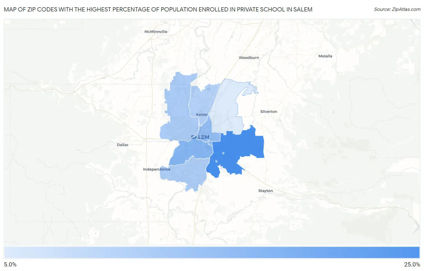 Zip Codes with the Highest Percentage of Population Enrolled in Private School in Salem Map