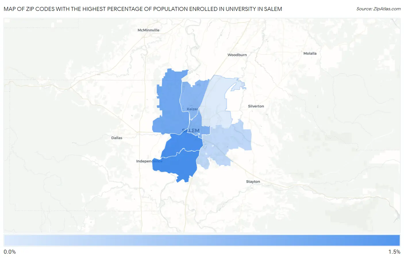 Zip Codes with the Highest Percentage of Population Enrolled in University in Salem Map