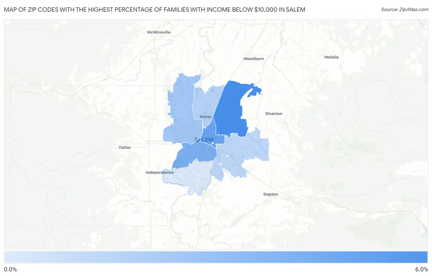 Zip Codes with the Highest Percentage of Families with Income Below $10,000 in Salem Map