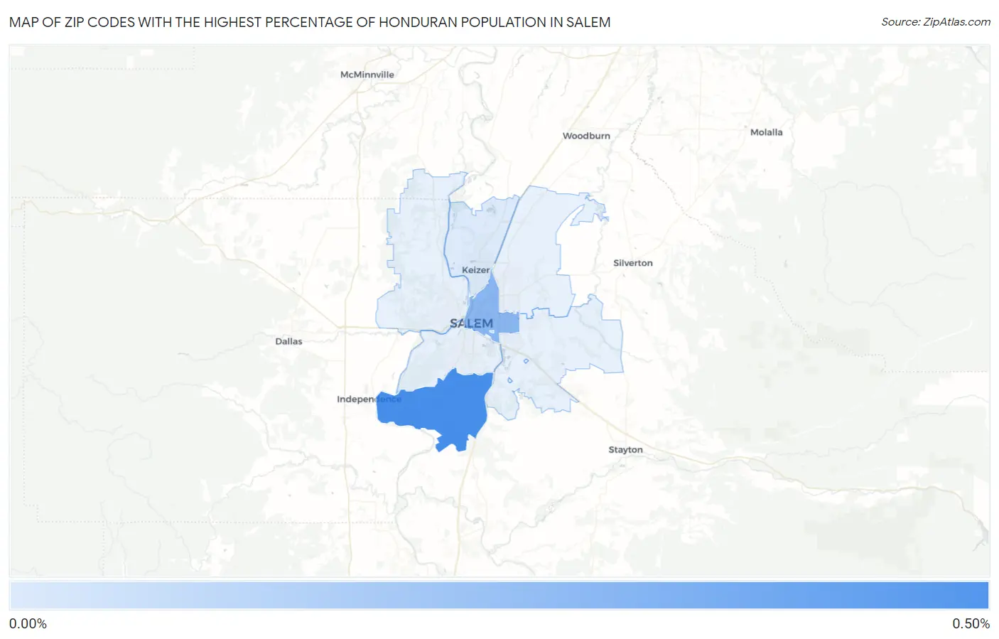 Zip Codes with the Highest Percentage of Honduran Population in Salem Map