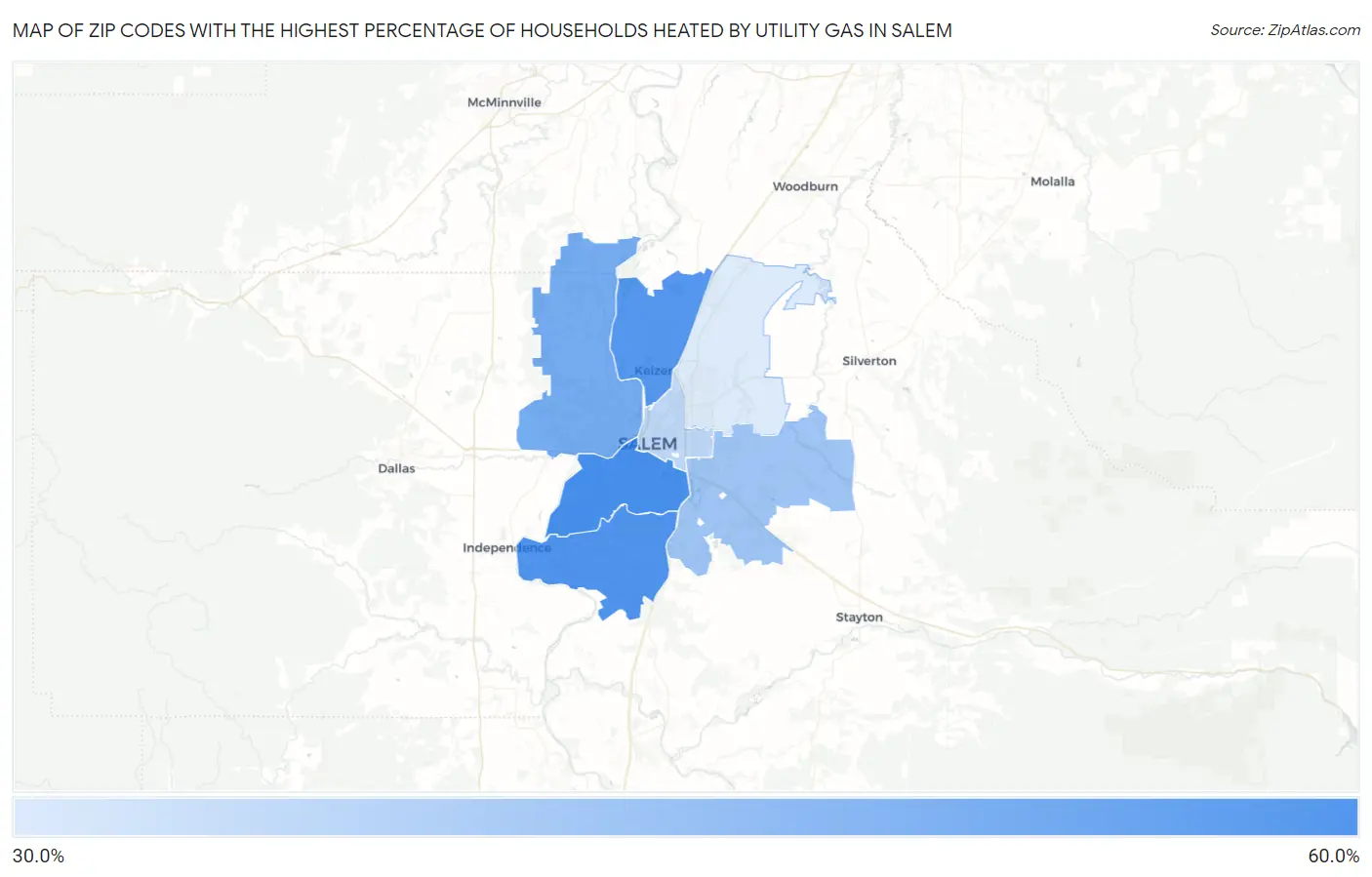 Zip Codes with the Highest Percentage of Households Heated by Utility Gas in Salem Map