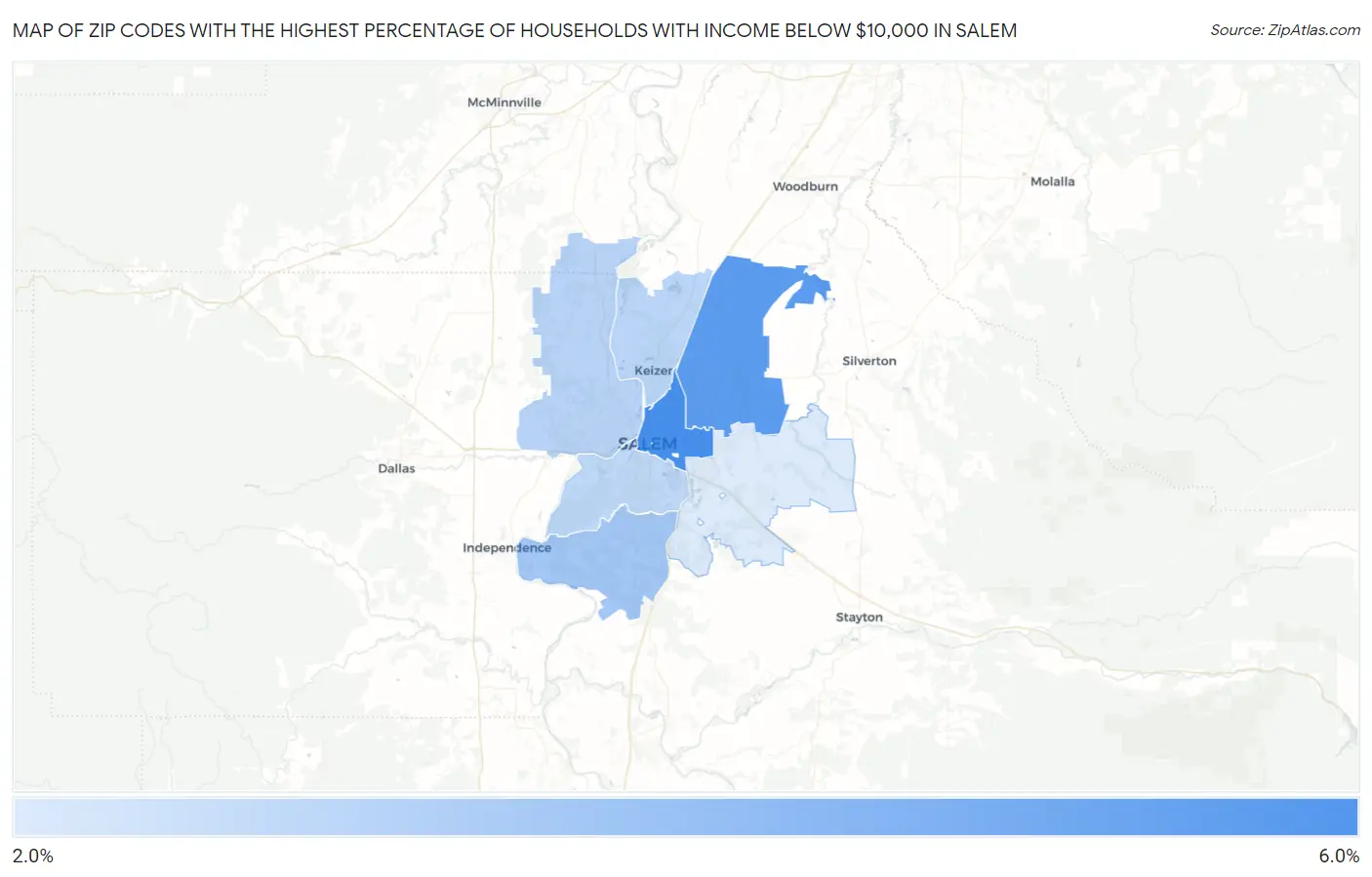 Zip Codes with the Highest Percentage of Households with Income Below $10,000 in Salem Map