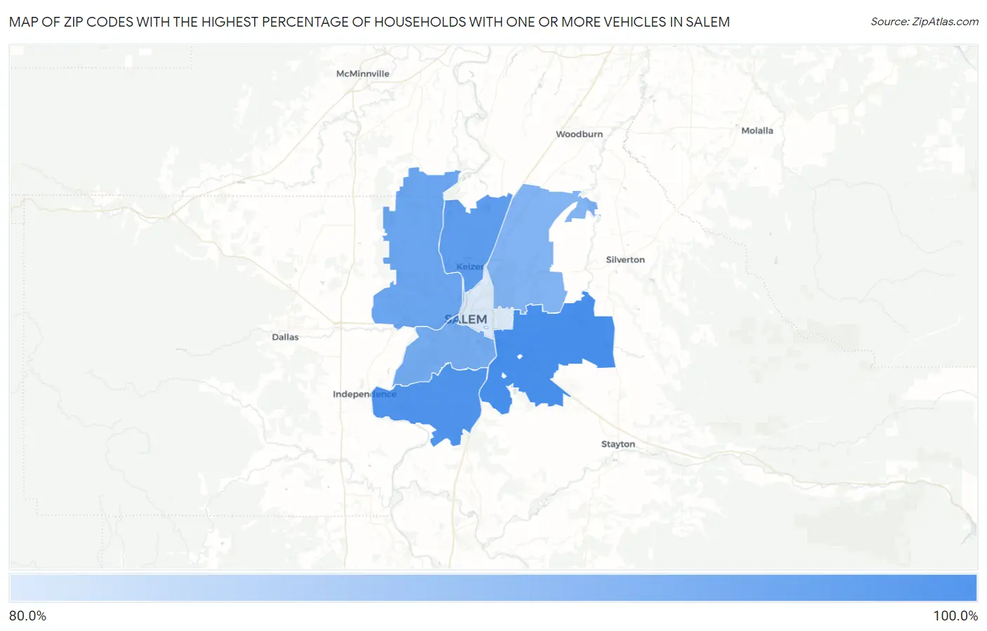 Zip Codes with the Highest Percentage of Households With One or more Vehicles in Salem Map