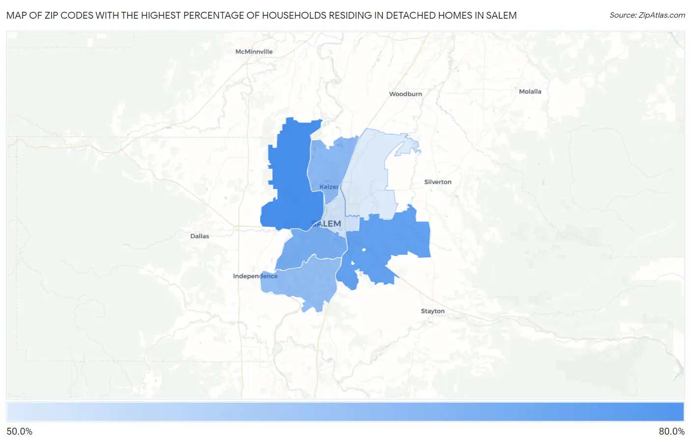 Zip Codes with the Highest Percentage of Households Residing in Detached Homes in Salem Map