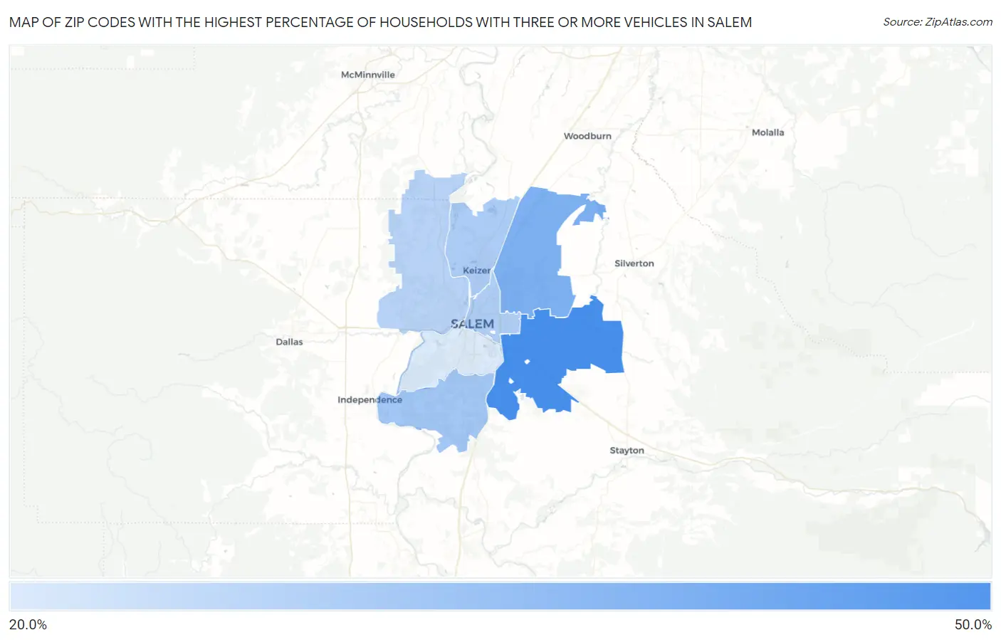 Zip Codes with the Highest Percentage of Households With Three or more Vehicles in Salem Map