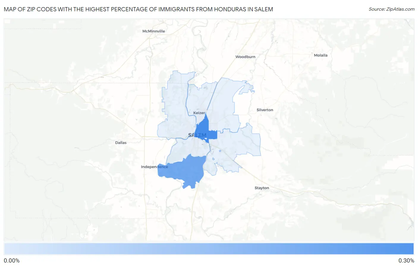Zip Codes with the Highest Percentage of Immigrants from Honduras in Salem Map