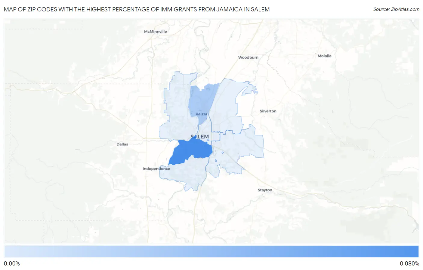Zip Codes with the Highest Percentage of Immigrants from Jamaica in Salem Map