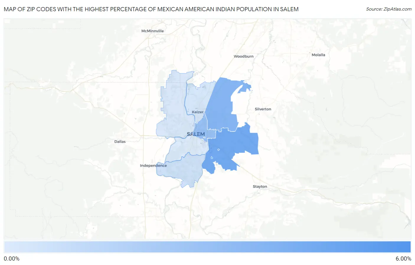 Zip Codes with the Highest Percentage of Mexican American Indian Population in Salem Map