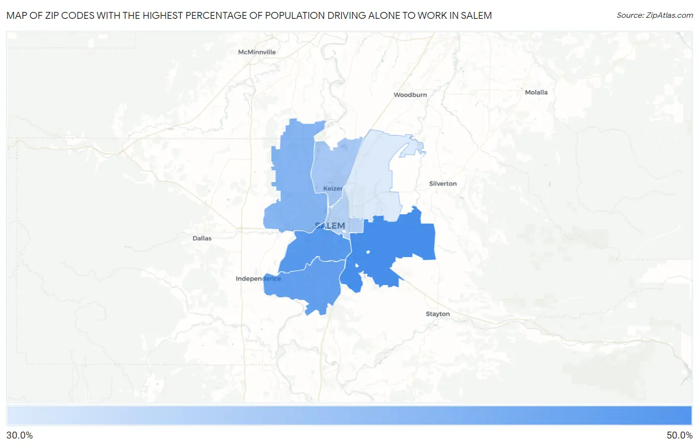 Zip Codes with the Highest Percentage of Population Driving Alone to Work in Salem Map