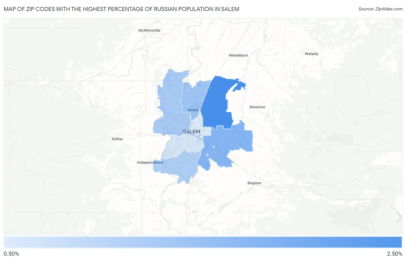 Zip Codes with the Highest Percentage of Russian Population in Salem Map