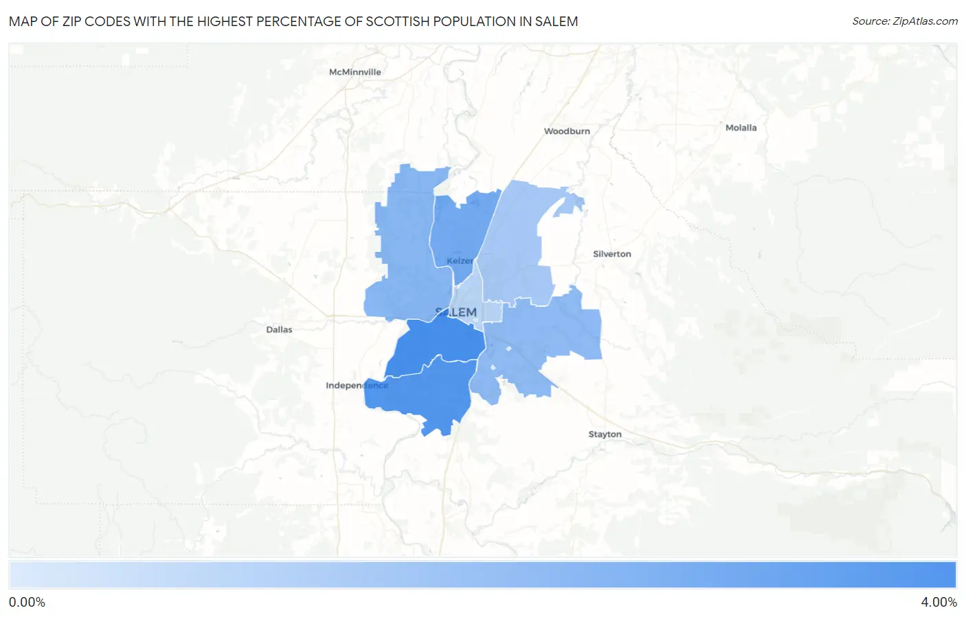 Zip Codes with the Highest Percentage of Scottish Population in Salem Map