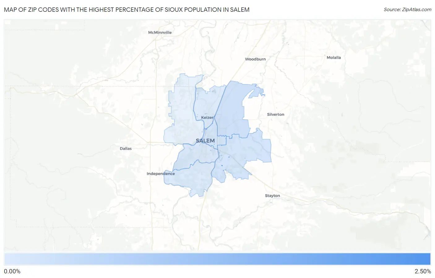 Zip Codes with the Highest Percentage of Sioux Population in Salem Map