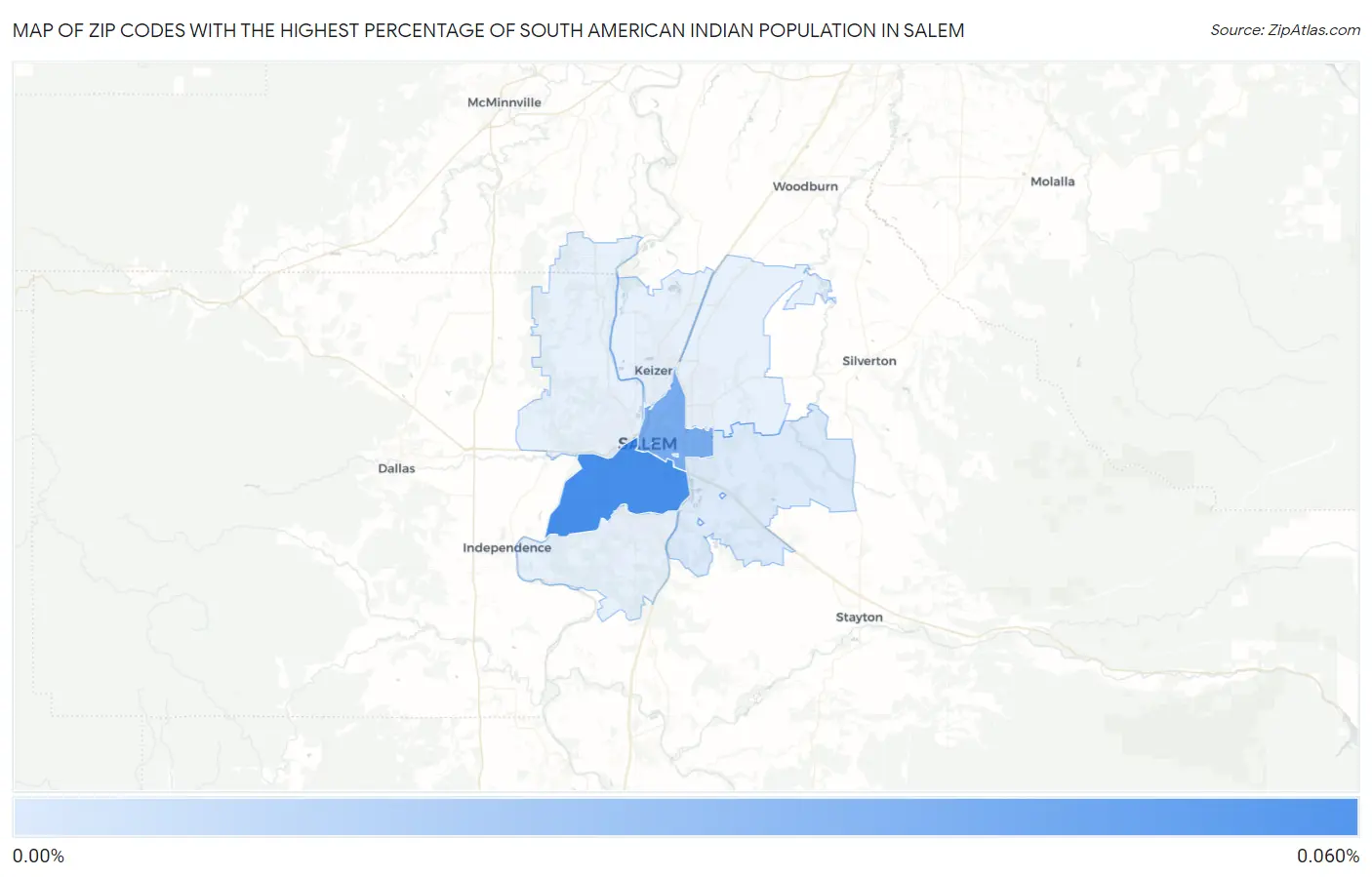 Zip Codes with the Highest Percentage of South American Indian Population in Salem Map
