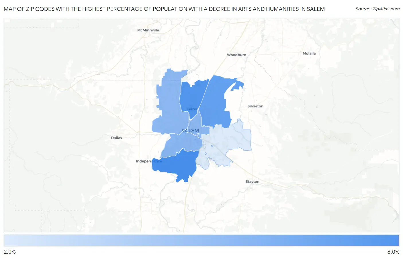 Zip Codes with the Highest Percentage of Population with a Degree in Arts and Humanities in Salem Map