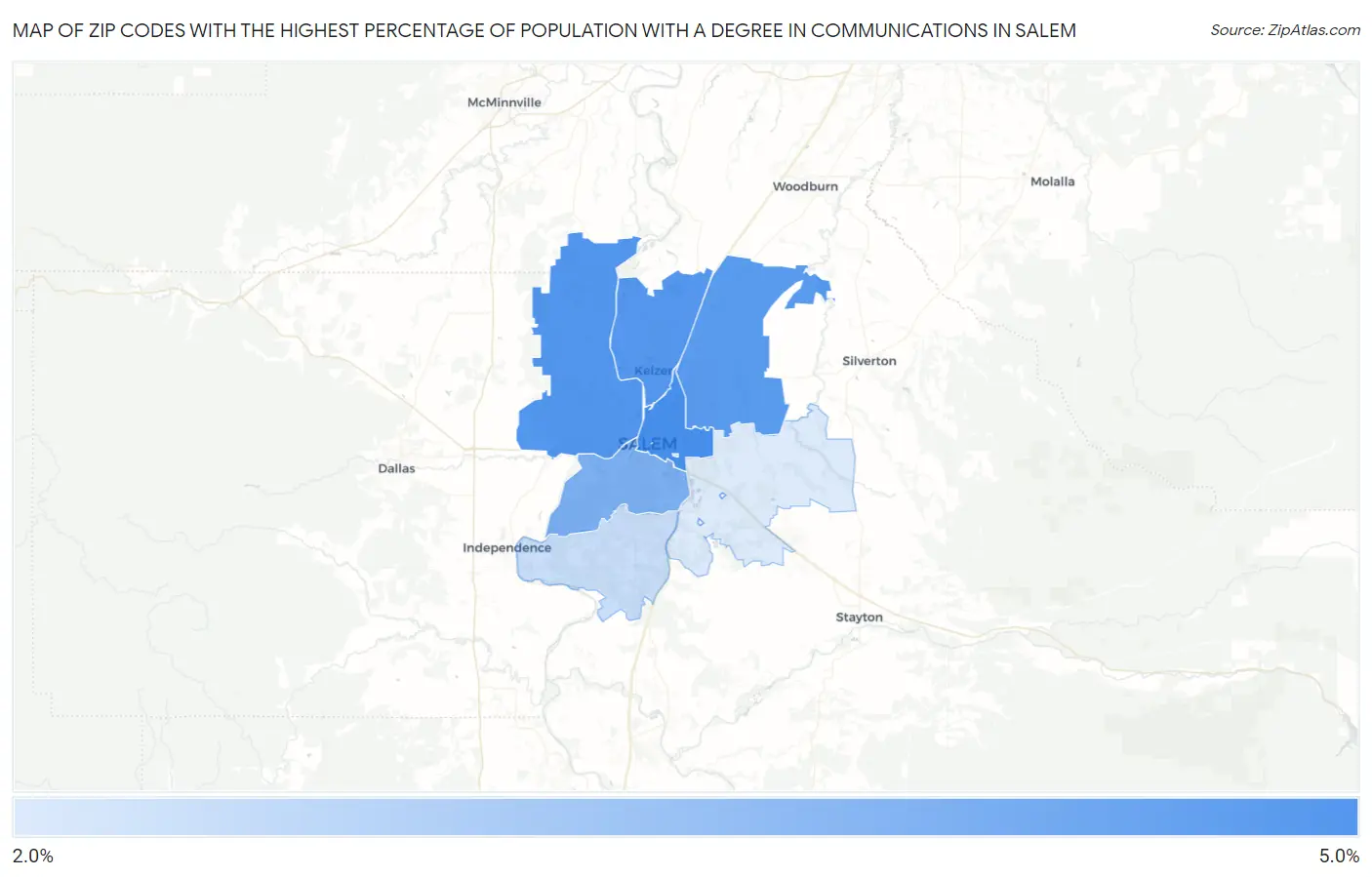 Zip Codes with the Highest Percentage of Population with a Degree in Communications in Salem Map