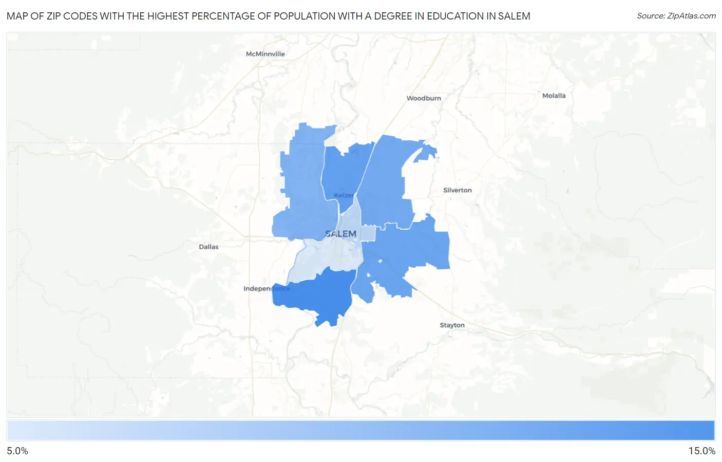 Zip Codes with the Highest Percentage of Population with a Degree in Education in Salem Map