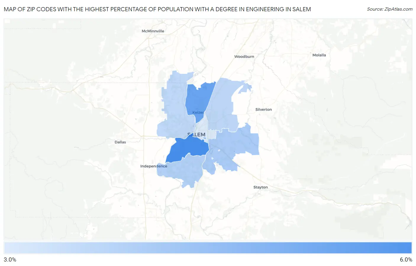 Zip Codes with the Highest Percentage of Population with a Degree in Engineering in Salem Map