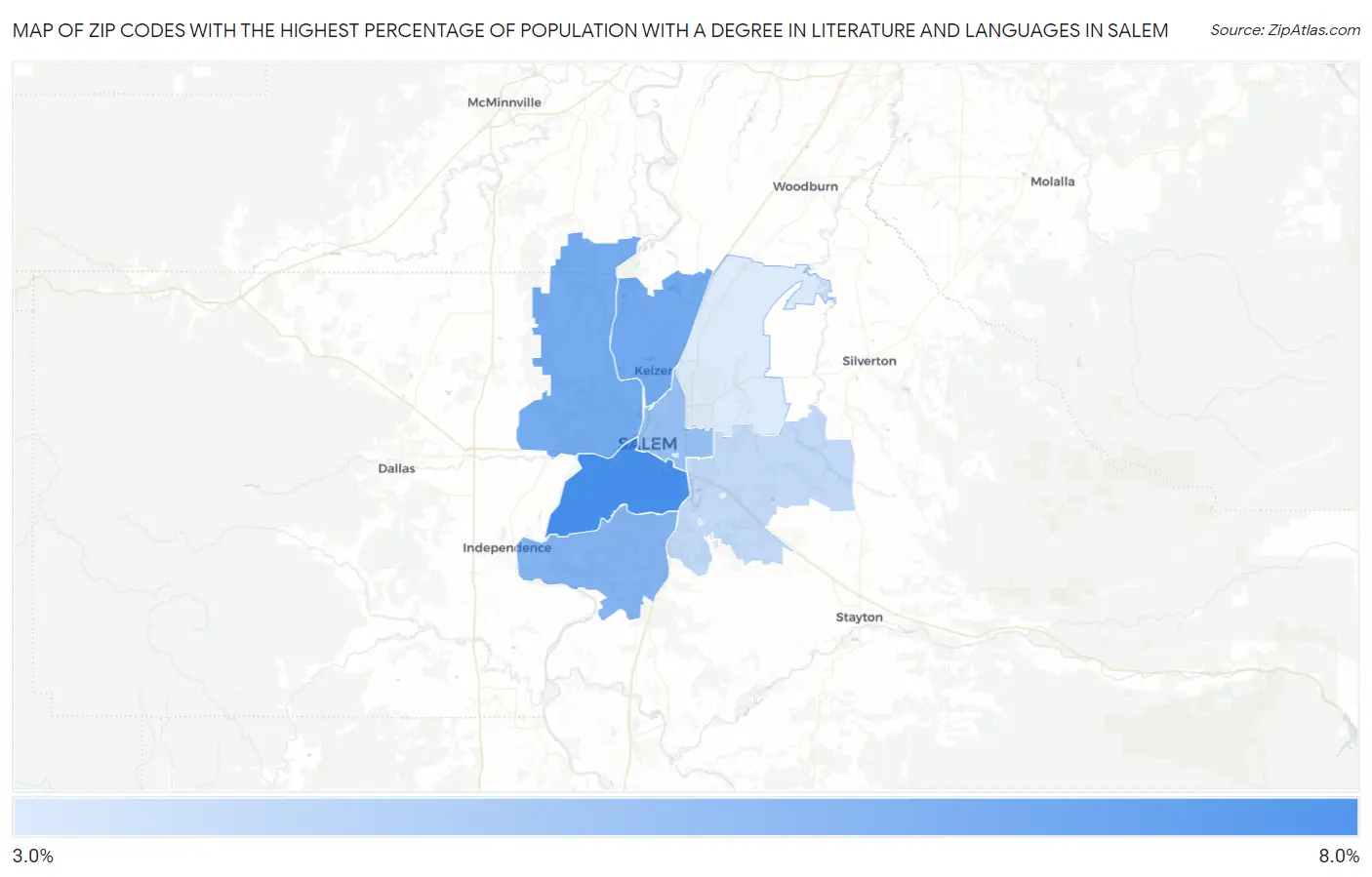 Zip Codes with the Highest Percentage of Population with a Degree in Literature and Languages in Salem Map