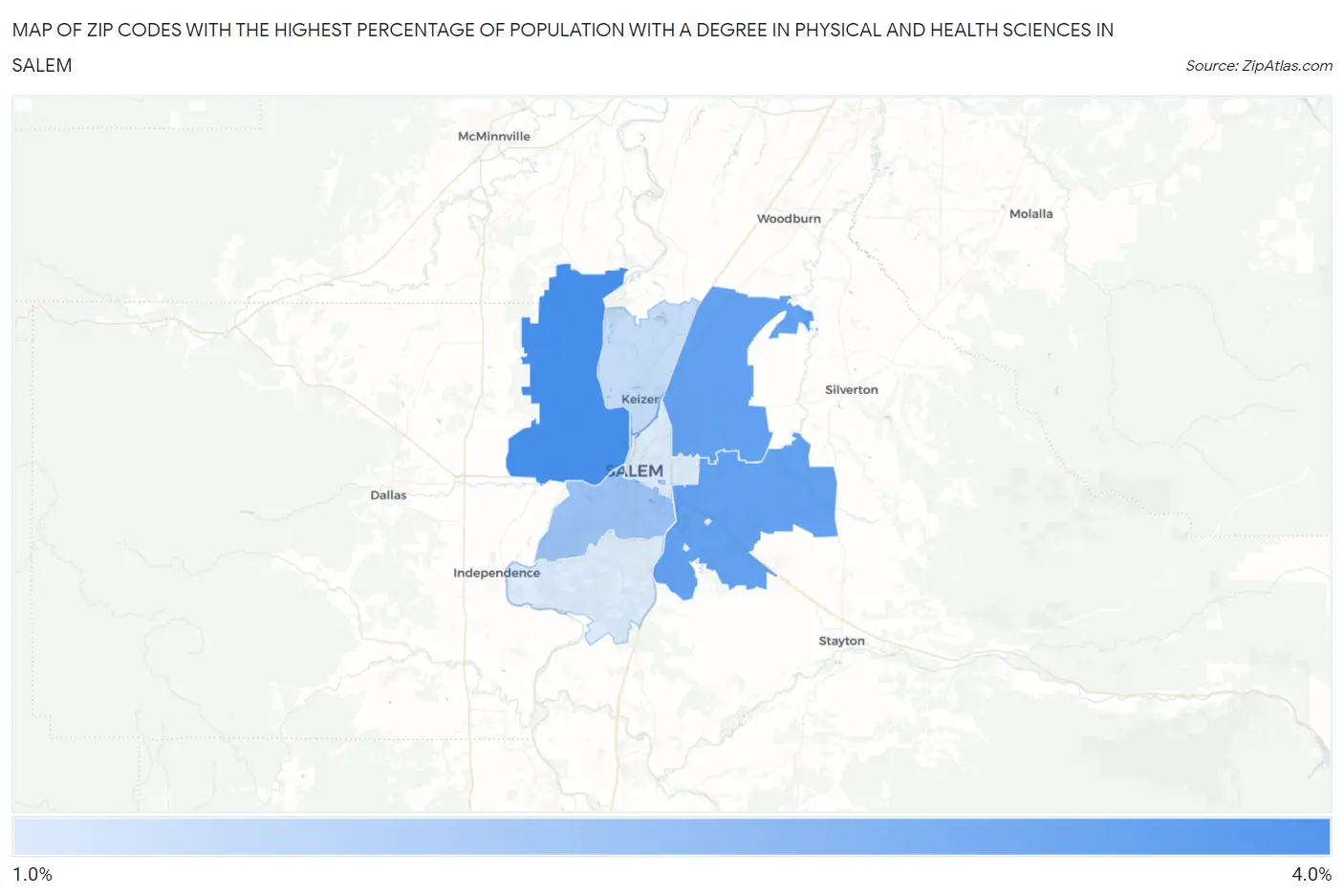 Zip Codes with the Highest Percentage of Population with a Degree in Physical and Health Sciences in Salem Map