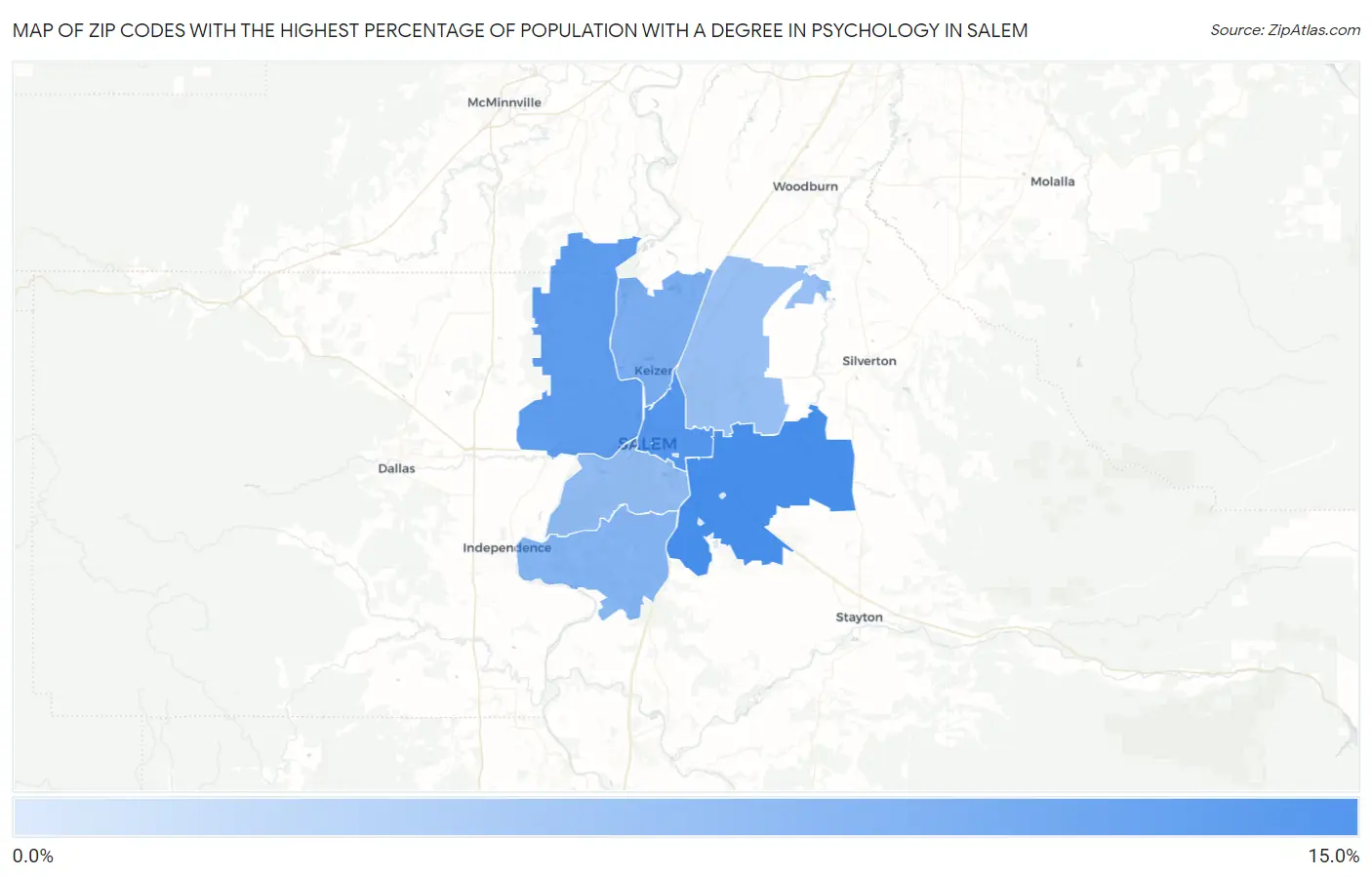 Zip Codes with the Highest Percentage of Population with a Degree in Psychology in Salem Map