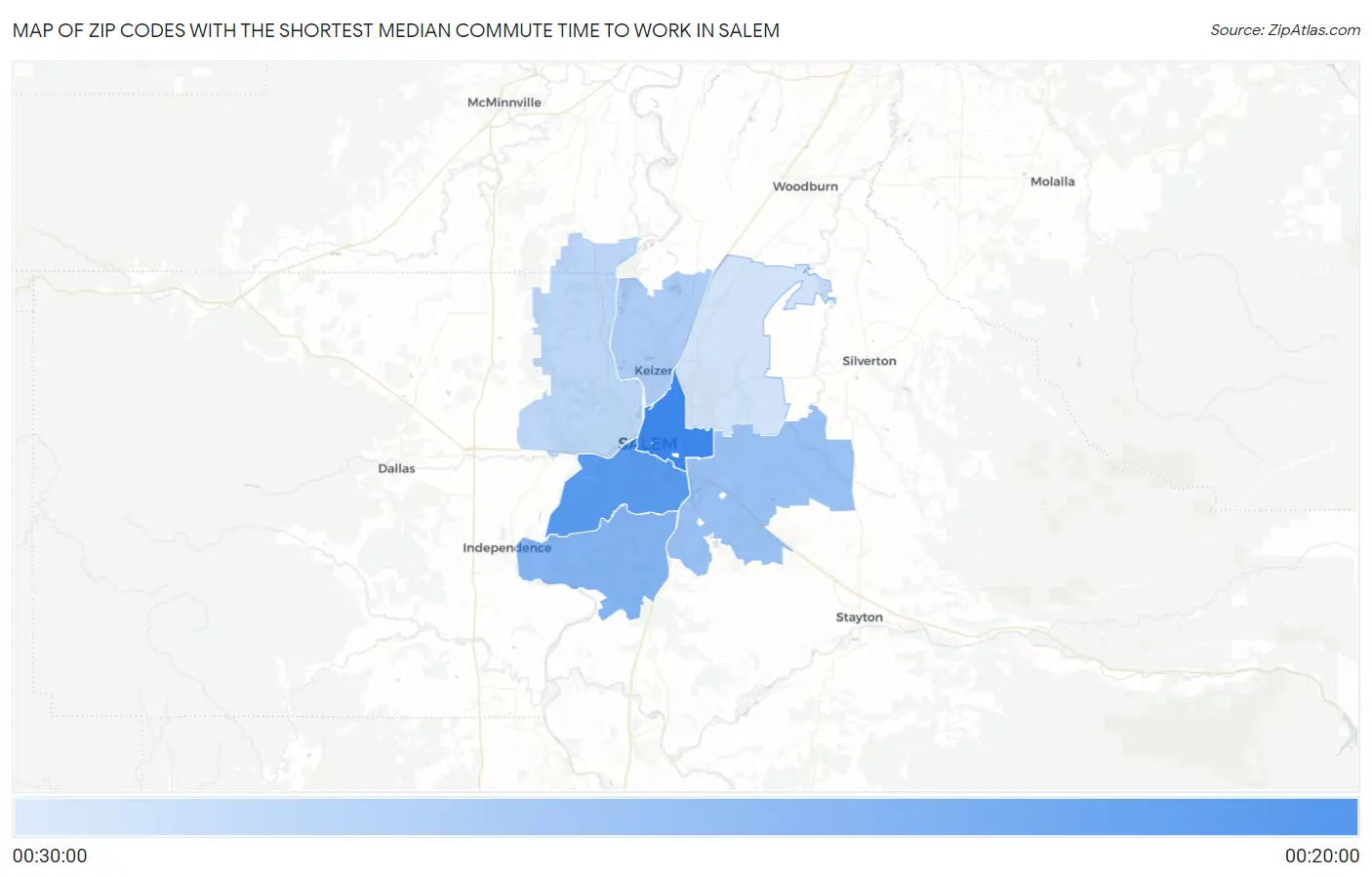 Zip Codes with the Shortest Median Commute Time to Work in Salem Map