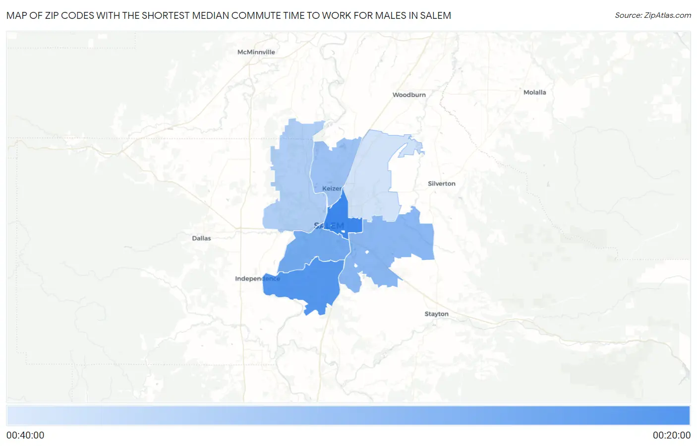 Zip Codes with the Shortest Median Commute Time to Work for Males in Salem Map