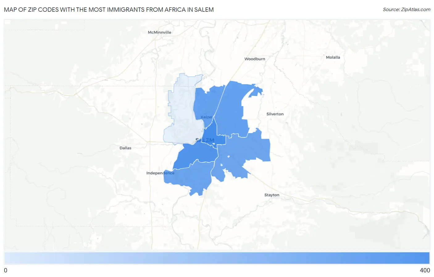 Zip Codes with the Most Immigrants from Africa in Salem Map