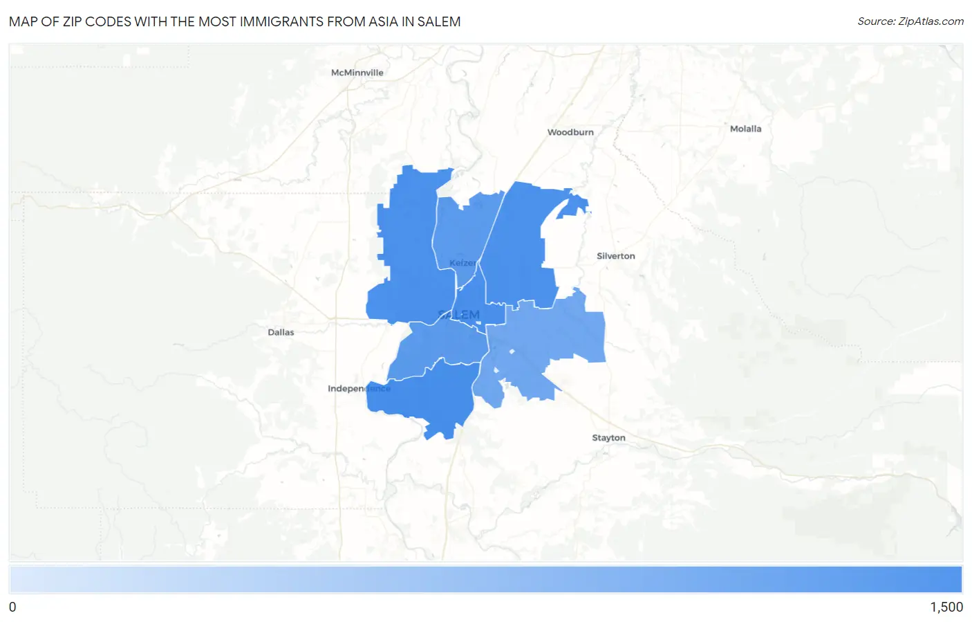 Zip Codes with the Most Immigrants from Asia in Salem Map