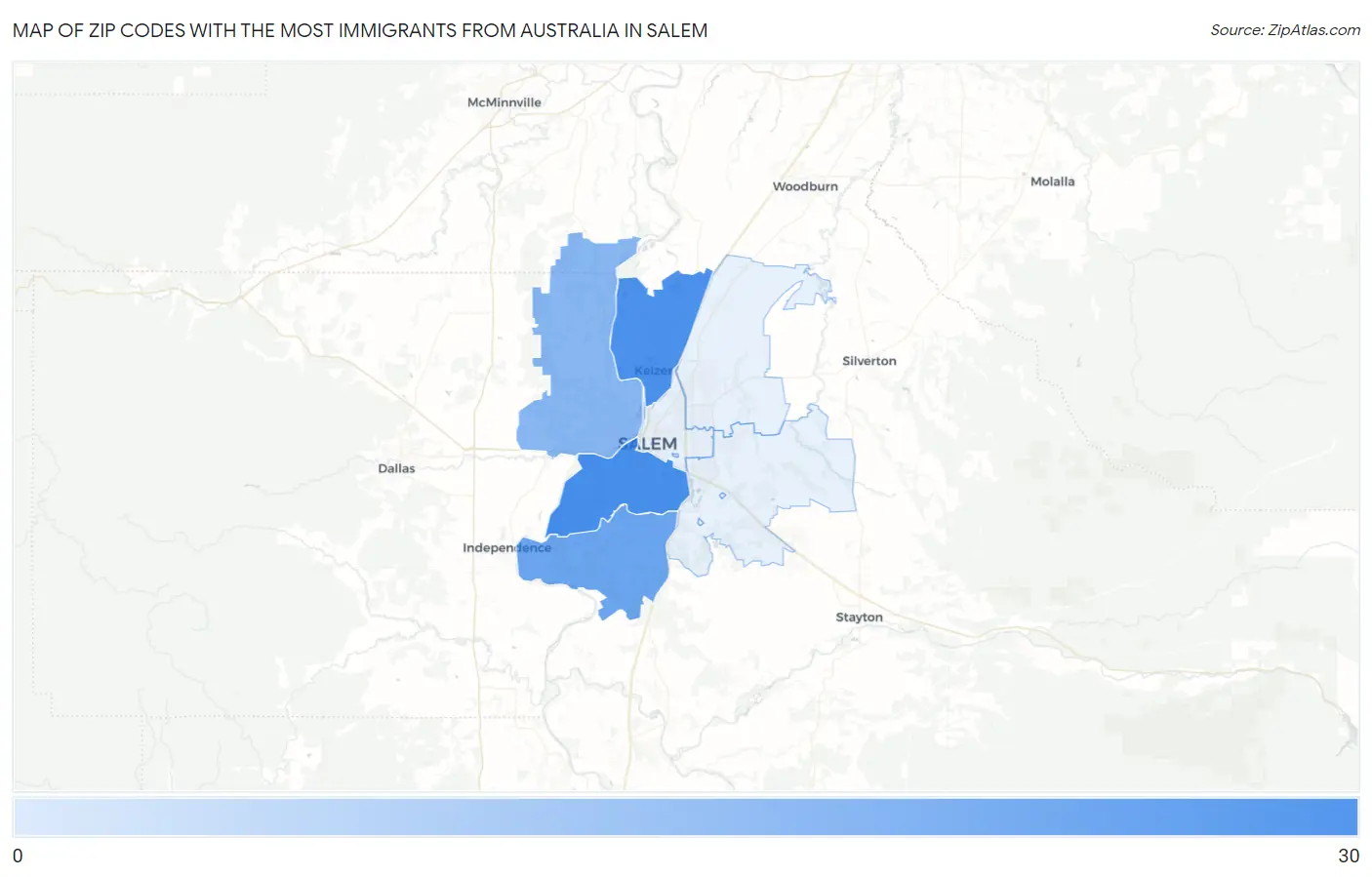Zip Codes with the Most Immigrants from Australia in Salem Map