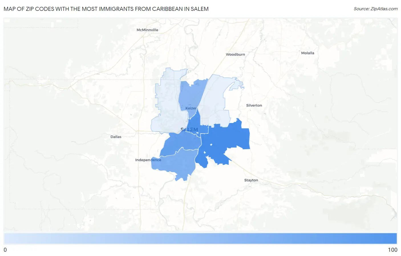 Zip Codes with the Most Immigrants from Caribbean in Salem Map