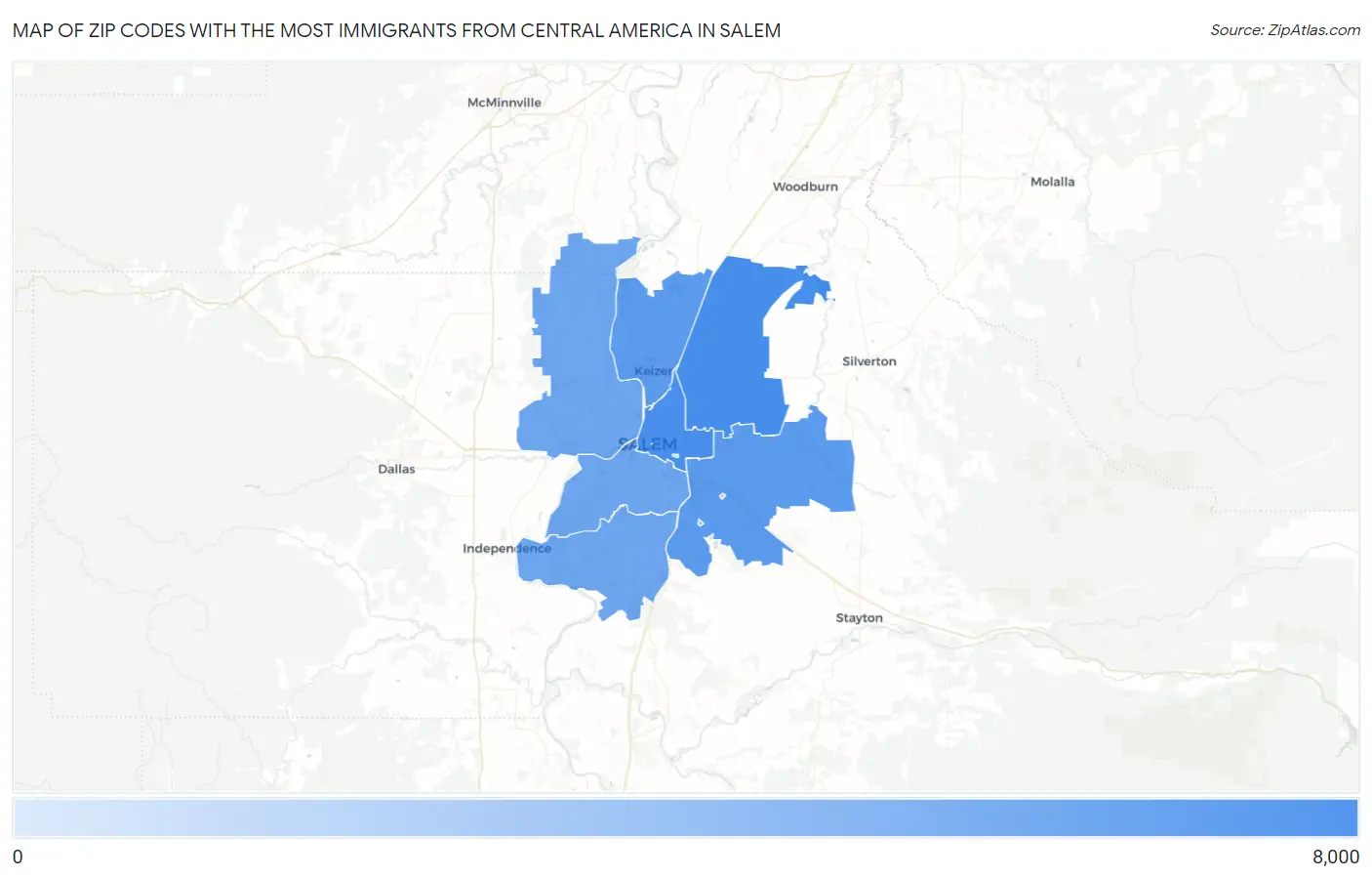 Zip Codes with the Most Immigrants from Central America in Salem Map