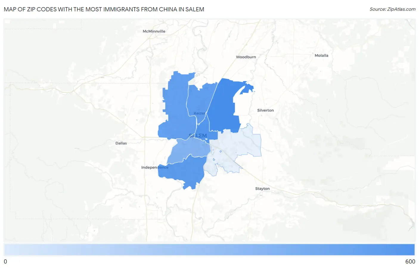 Zip Codes with the Most Immigrants from China in Salem Map