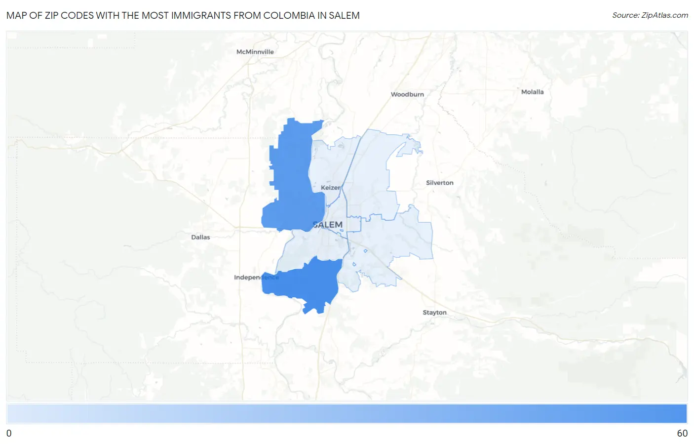 Zip Codes with the Most Immigrants from Colombia in Salem Map