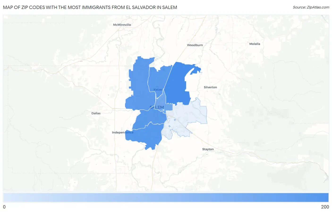 Zip Codes with the Most Immigrants from El Salvador in Salem Map