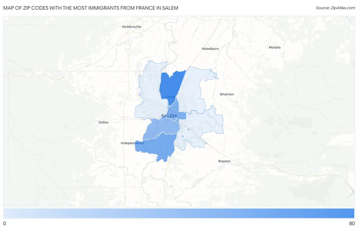 Zip Codes with the Most Immigrants from France in Salem Map