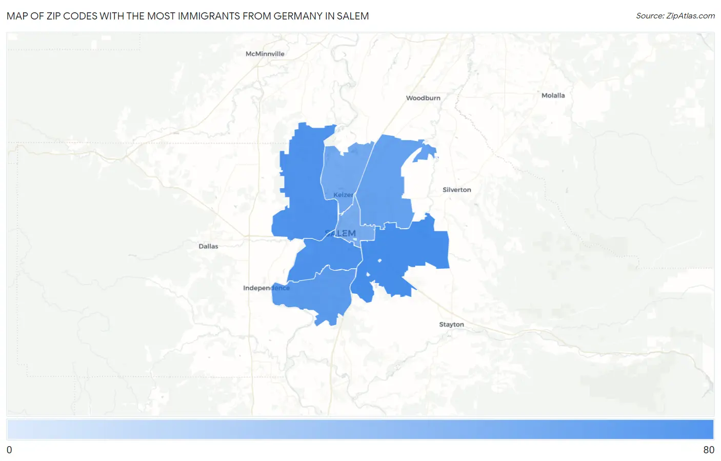 Zip Codes with the Most Immigrants from Germany in Salem Map