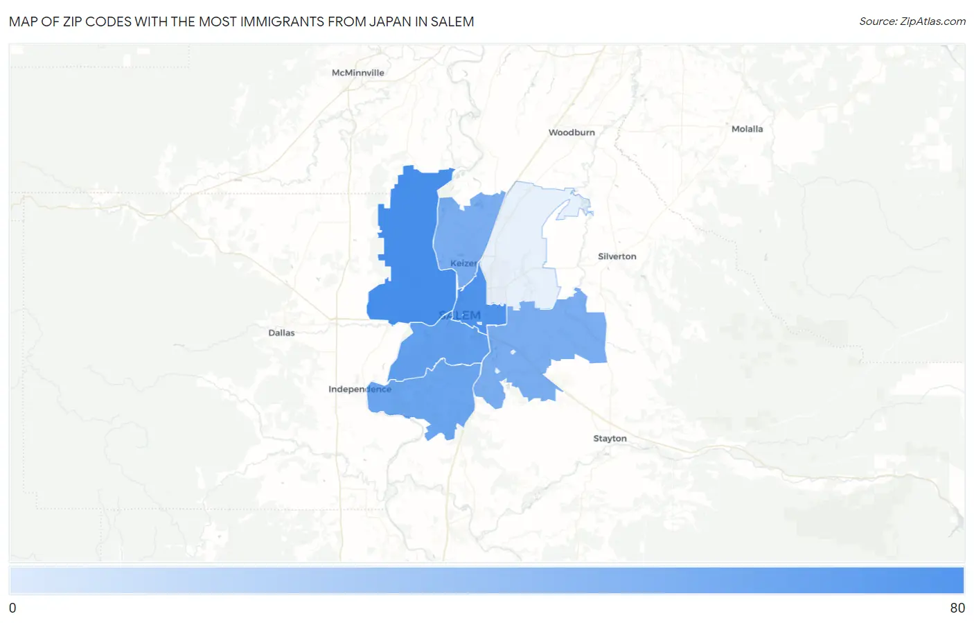 Zip Codes with the Most Immigrants from Japan in Salem Map