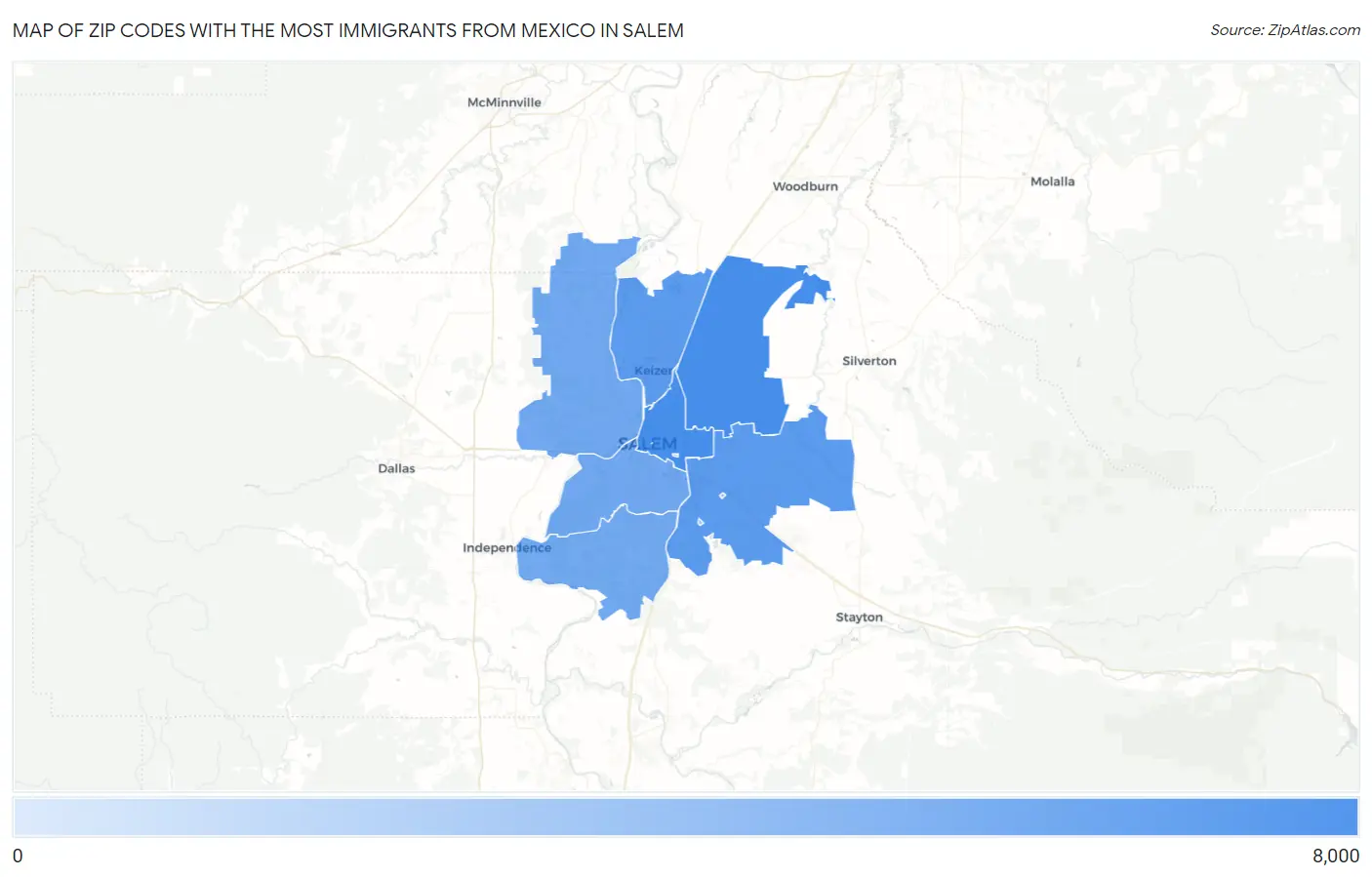 Zip Codes with the Most Immigrants from Mexico in Salem Map