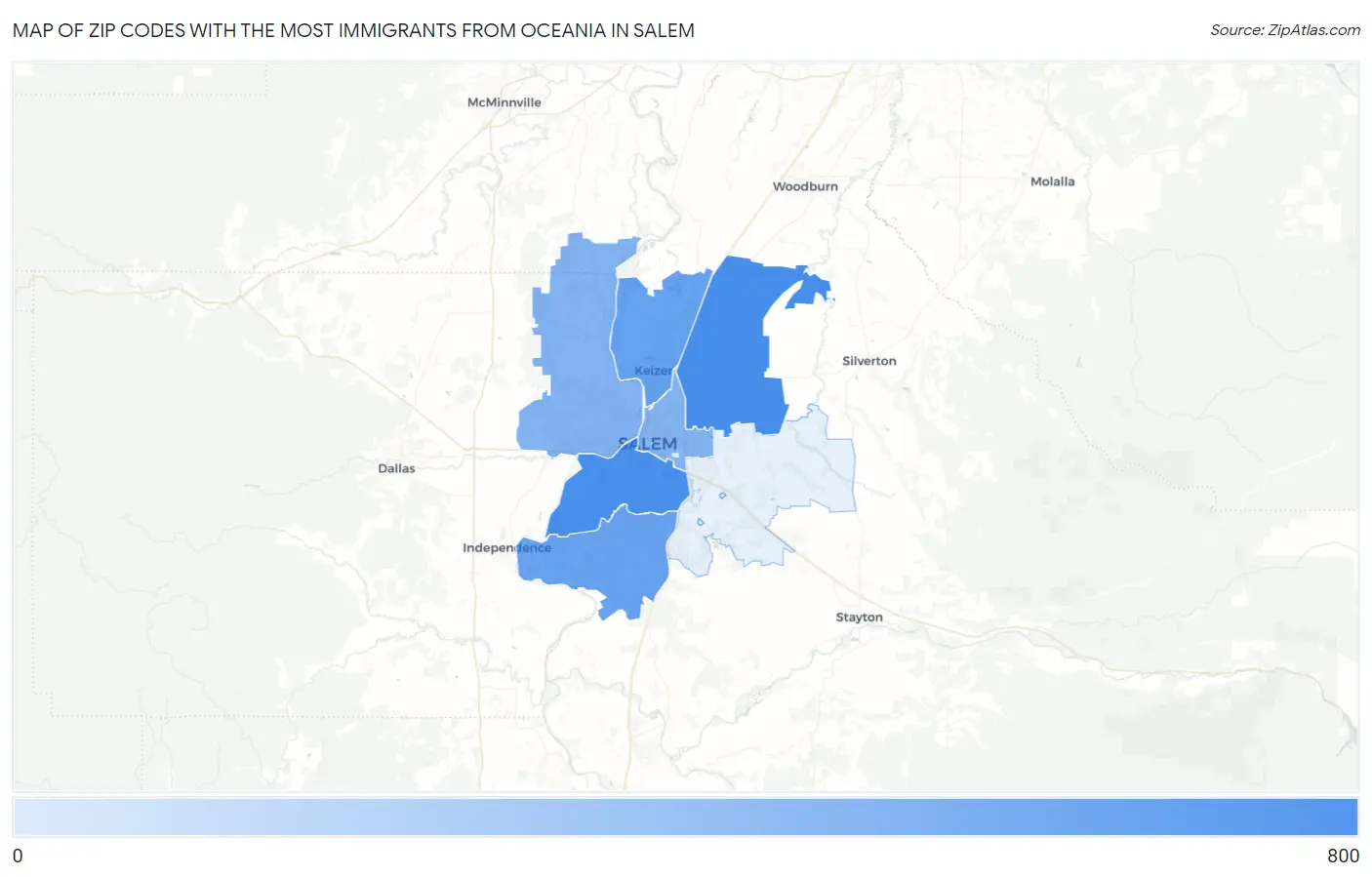 Zip Codes with the Most Immigrants from Oceania in Salem Map