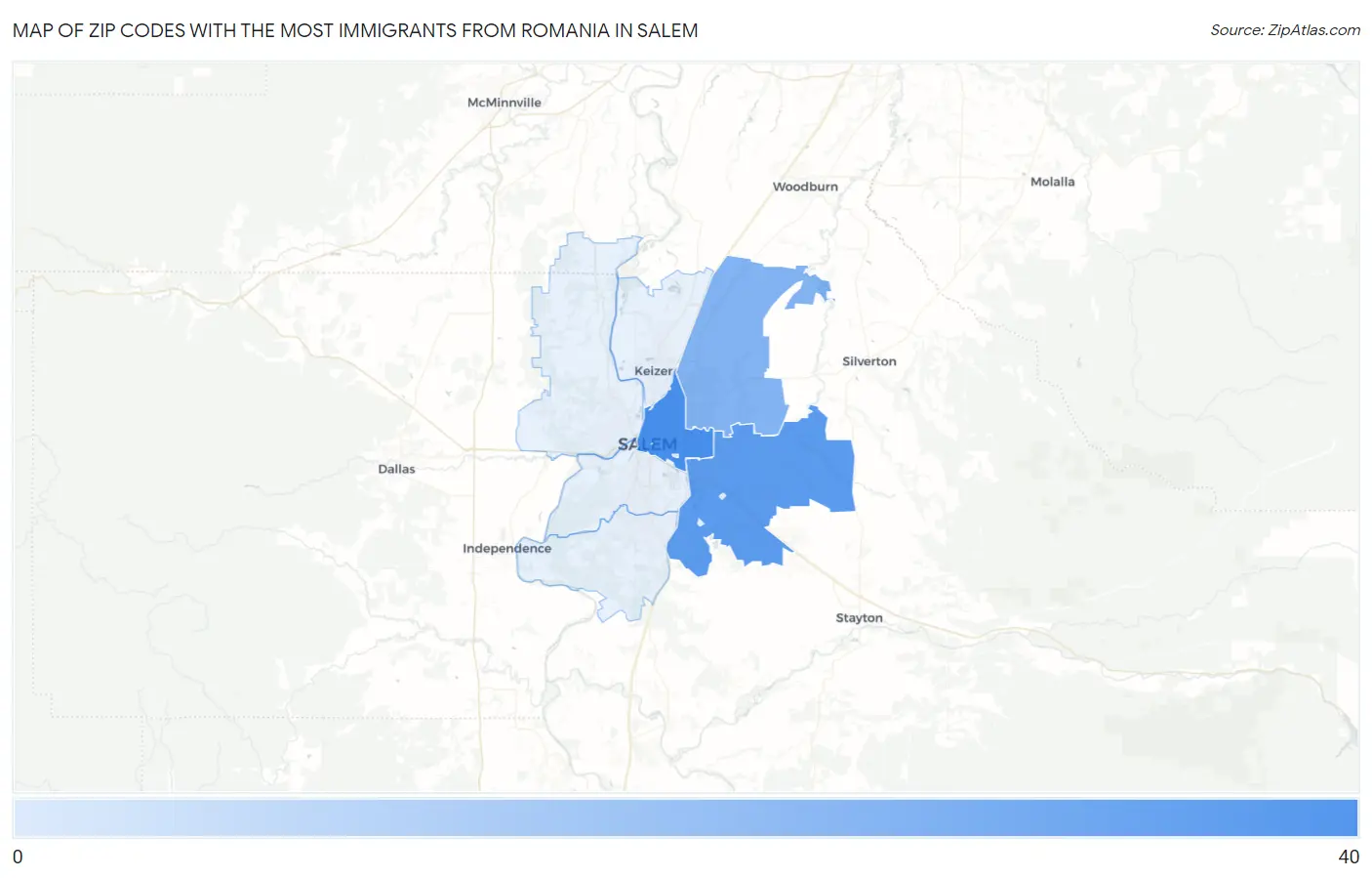 Zip Codes with the Most Immigrants from Romania in Salem Map